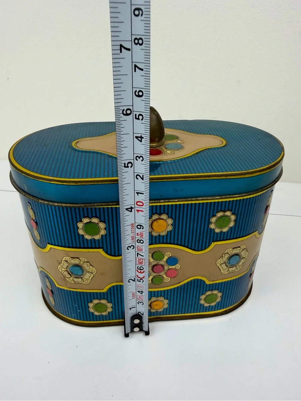 Vintage Blue Floral Tin Canister Storage Box with Brass Lid Knob